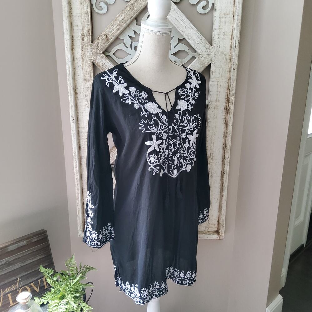 Raviya Women's 3/4 Sleeve Floral Embroidered Tassel Tie Tunic Cotton Coverup